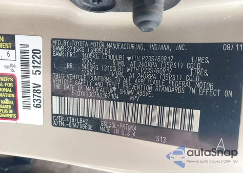 2011 Toyota Sienna Xle V6 z USA, uszkodzony, nr VIN 5TDYK3DC7BS167104